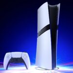 Playstation 5 Pro Vertical with a Dual Sense Controller on the side with a dark background.